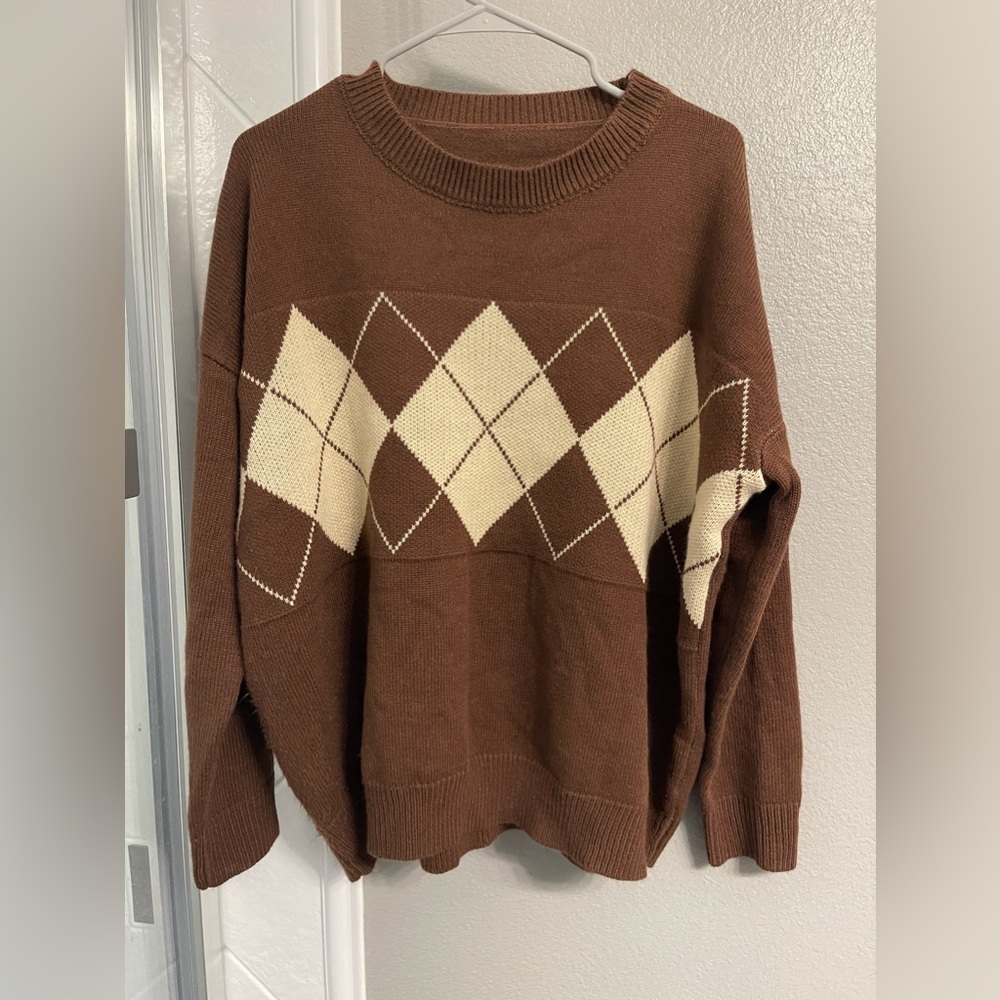 Shein DAZY Wool Knit Sweater - Brown, Cream (L)